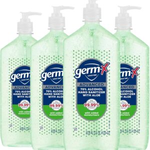 Germ-X Advanced Hand Sanitizer with Aloe and Vitamin E, 1 Liter (Pack of 4), Less Drying Moisturizing Gel, No Rinse Formula, Pump Bottle