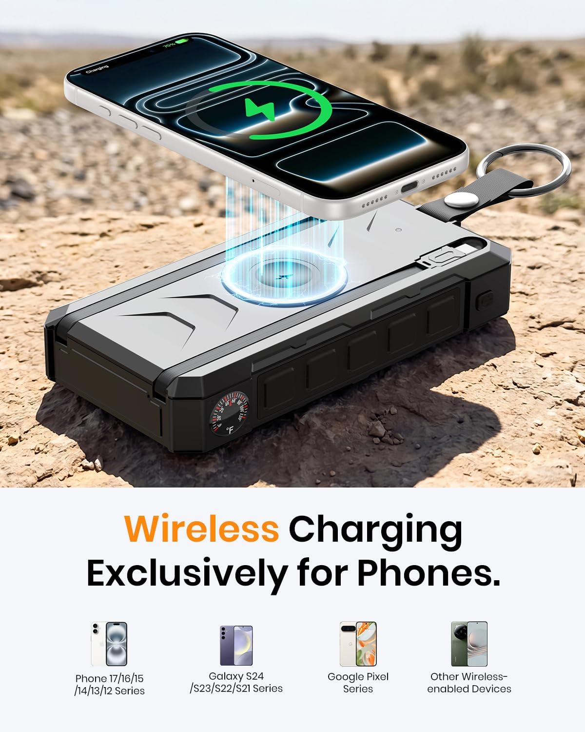SOARAISE 50000mAh 22.5W Solar Power Bank Wireless Portable Charger | PD QC 3.0 Fast Charging, Built-in 2 Cables, Solar Charging & Bright Flashlight, External Battery Pack for Camping Travel - Image 5