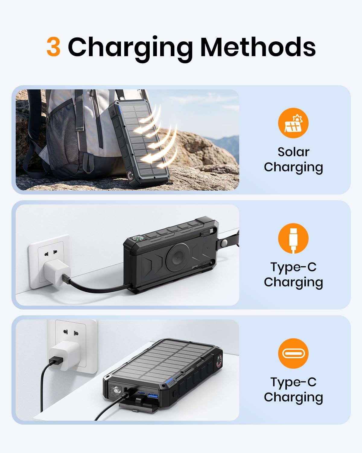 SOARAISE 50000mAh 22.5W Solar Power Bank Wireless Portable Charger | PD QC 3.0 Fast Charging, Built-in 2 Cables, Solar Charging & Bright Flashlight, External Battery Pack for Camping Travel - Image 9